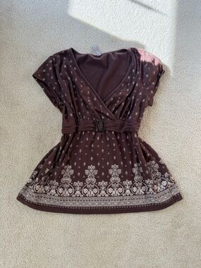 Gitano -Brown Embroidered V-Neck Peplum Top